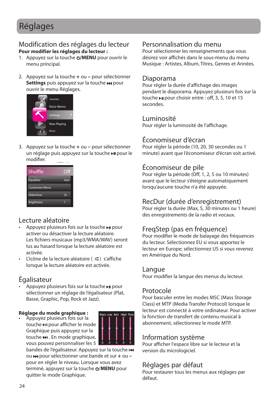 Réglages, Modification des réglages du lecteur, Lecture aléatoire | Égalisateur, Personnalisation du menu, Diaporama, Luminosité, Économiseur d’écran, Économiseur de pile, Recdur (durée d’enregistrement) | RCA MC4204 User Manual | Page 82 / 88