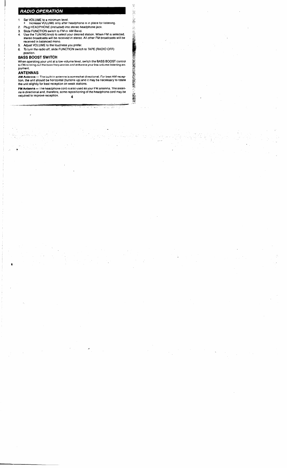 Radio operation, Bass boost switch, Antennas | RCA RP-1820 User Manual | Page 4 / 20