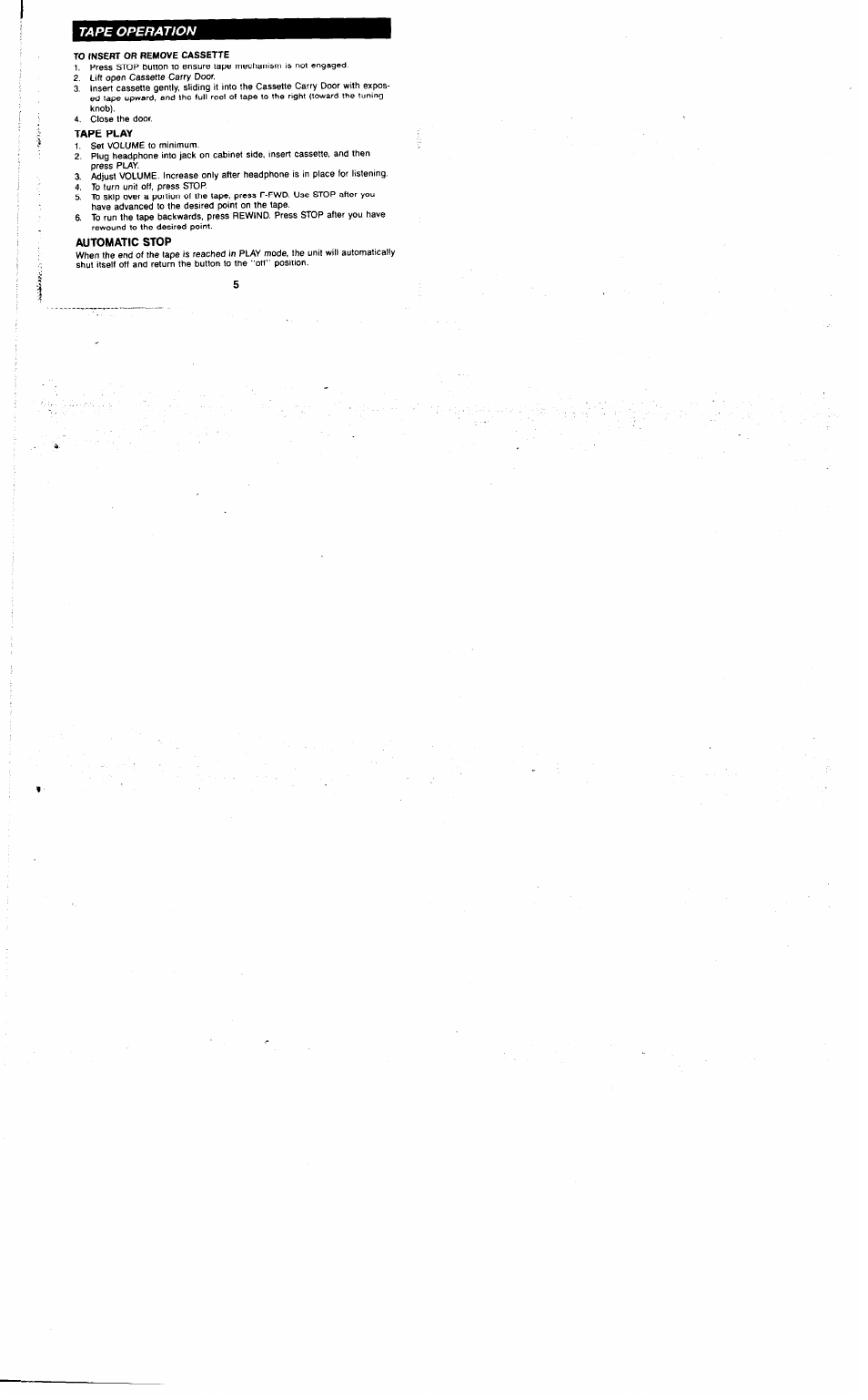 Tape operation, Tape play, Automatic stop | RCA RP-1820 User Manual | Page 5 / 20