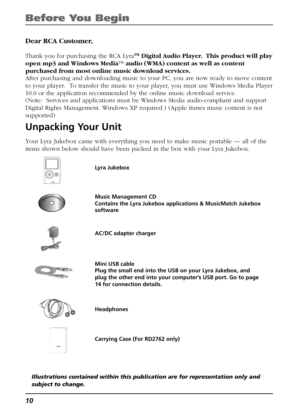 Unpacking your unit, Before you begin unpacking your unit, Dear rca customer | RCA Lyra RD2763FM User Manual | Page 10 / 62