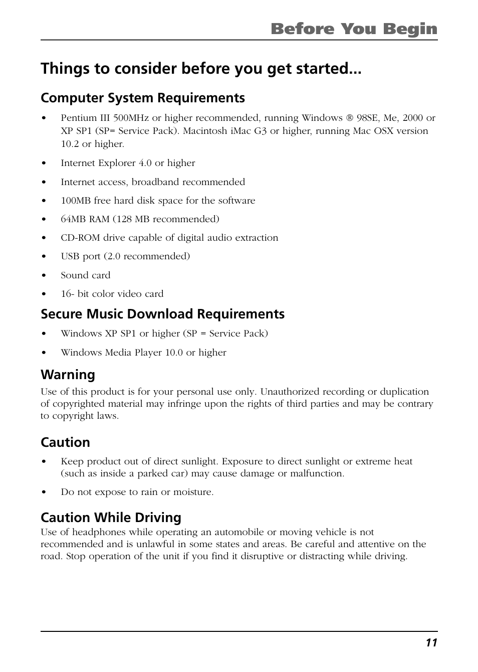 Things to consider before you get started, Computer system requirements, Secure music download requirements | Warning, Caution, Caution while driving, Before you begin | RCA Lyra RD2763FM User Manual | Page 11 / 62