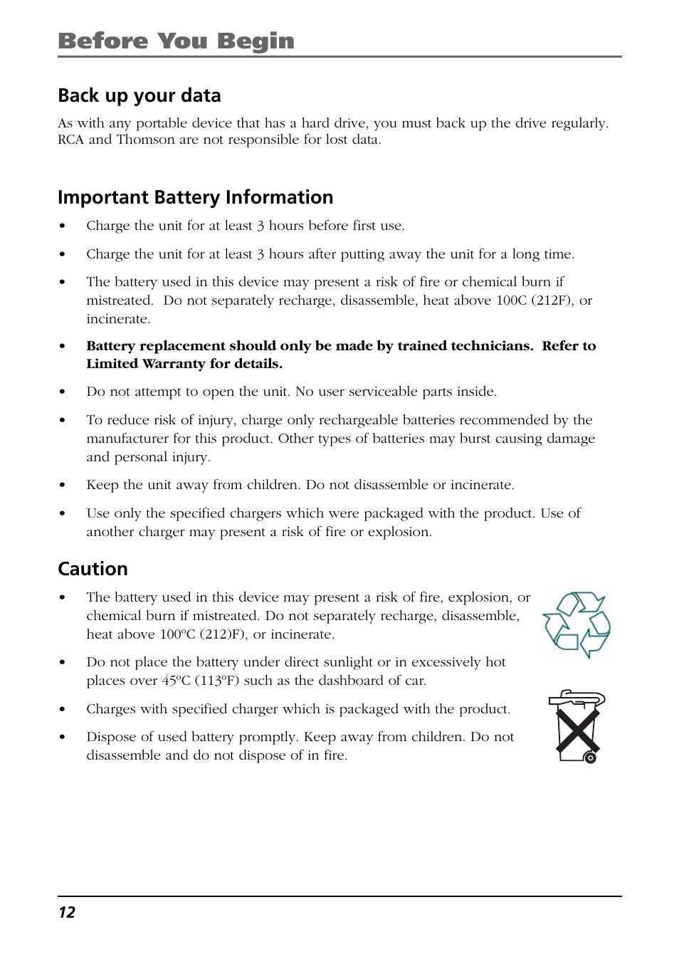 Back up your data, Important battery information, Caution | Before you begin | RCA Lyra RD2763FM User Manual | Page 12 / 62