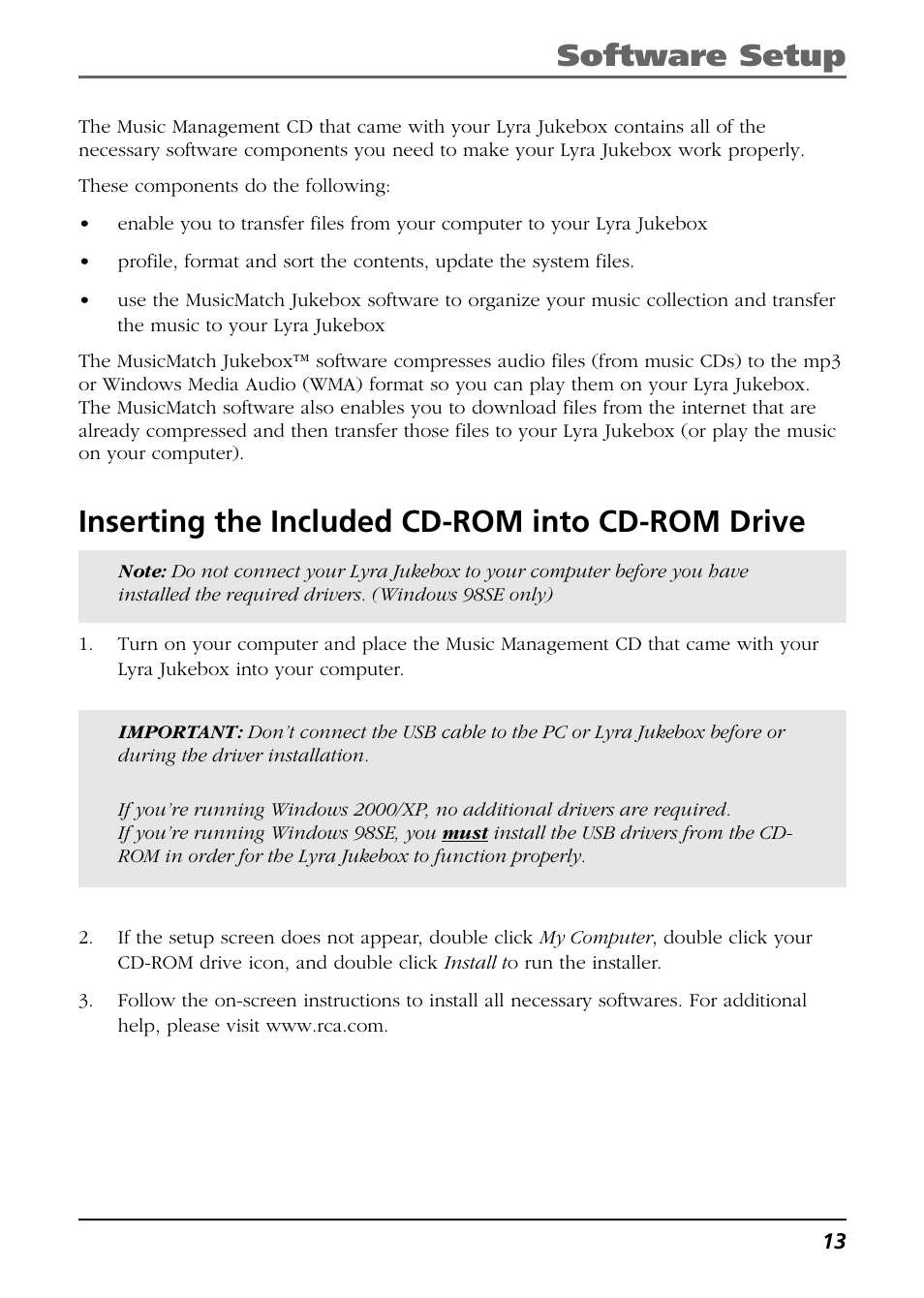 Inserting the included cd-rom into cd-rom drive, Software setup (windows xp only), Software setup | RCA Lyra RD2763FM User Manual | Page 13 / 62