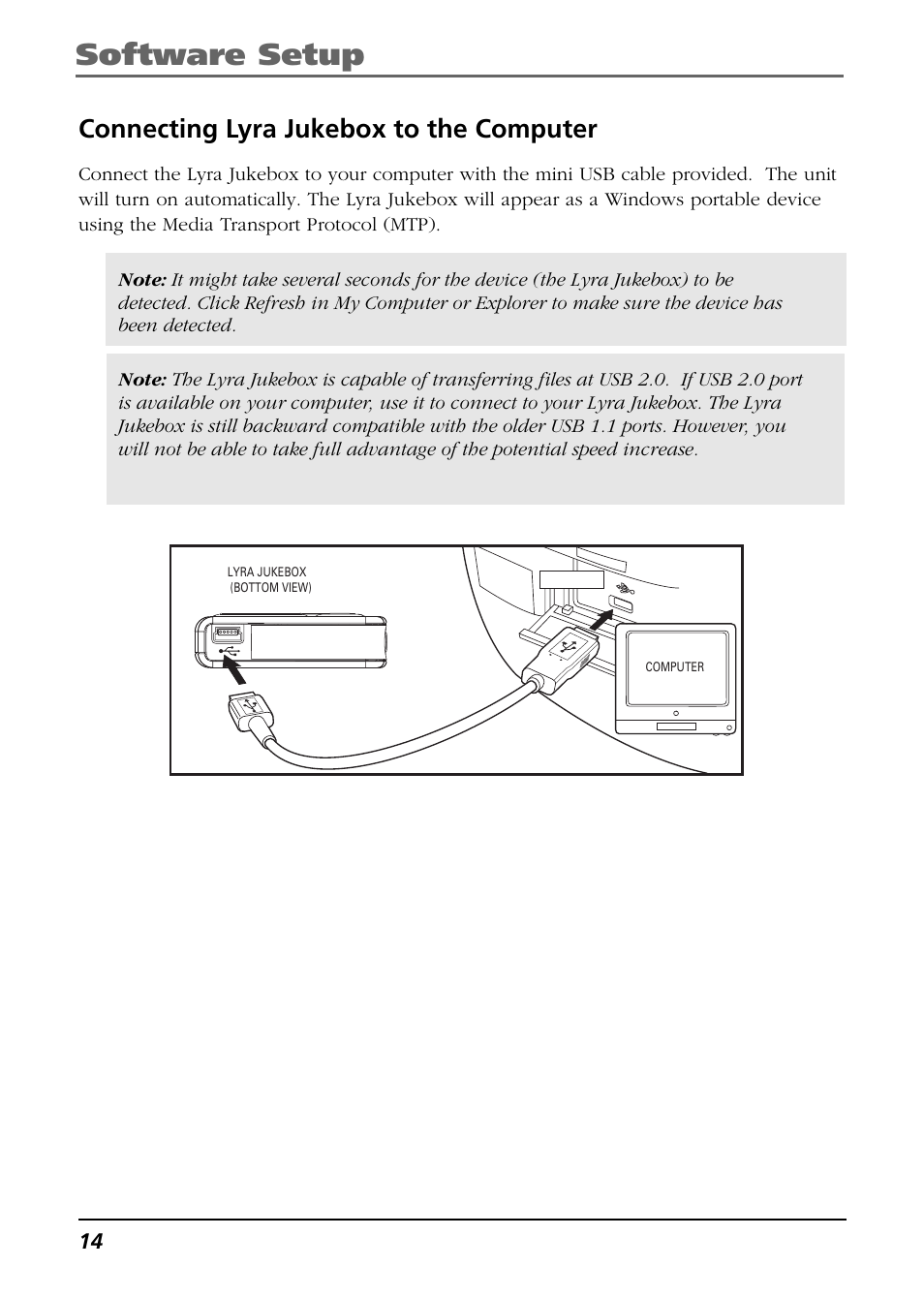 Connecting lyra jukebox to the computer, Software setup (windows xp only), Software setup | RCA Lyra RD2763FM User Manual | Page 14 / 62