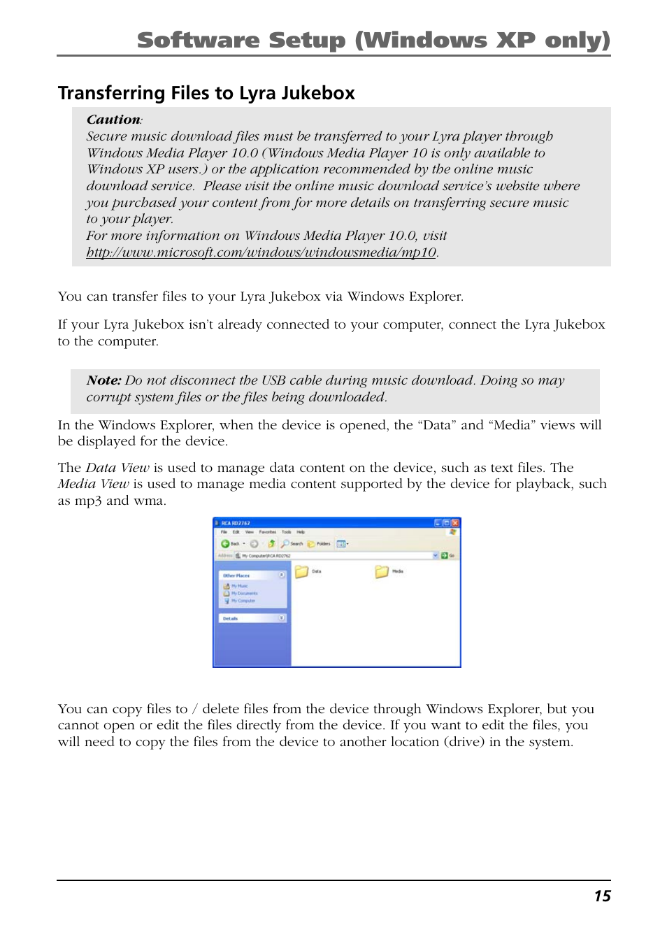 Transferring files to lyra jukebox, Software setup (windows xp only) | RCA Lyra RD2763FM User Manual | Page 15 / 62