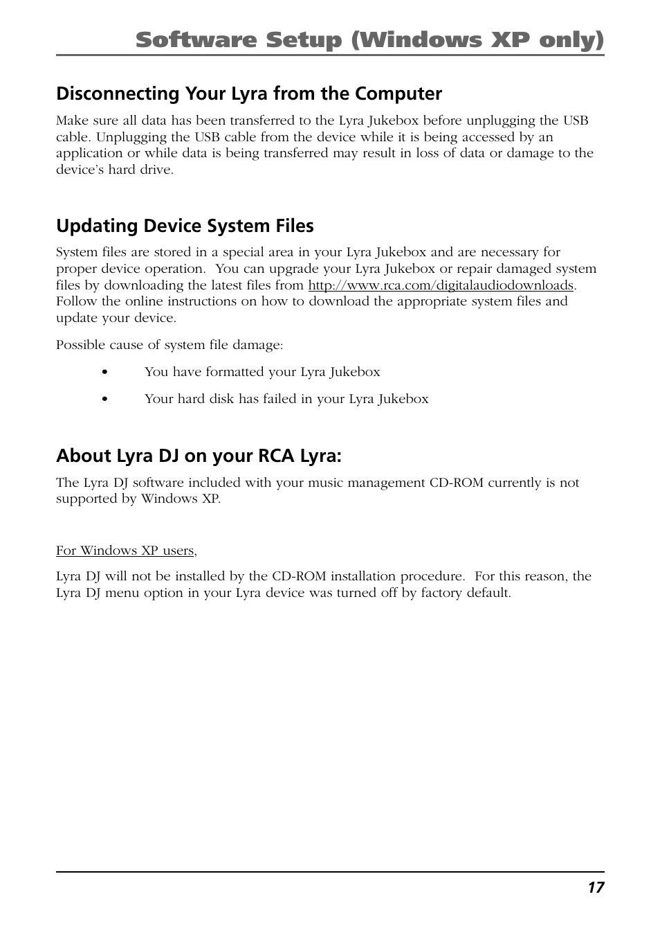 Disconnecting your lyra from the computer, Updating device system files, Software setup (windows xp only) | About lyra dj on your rca lyra | RCA Lyra RD2763FM User Manual | Page 17 / 62