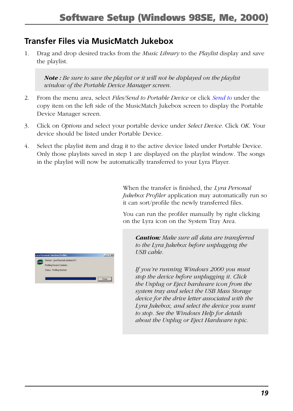 Transfer files via musicmatch jukebox | RCA Lyra RD2763FM User Manual | Page 19 / 62