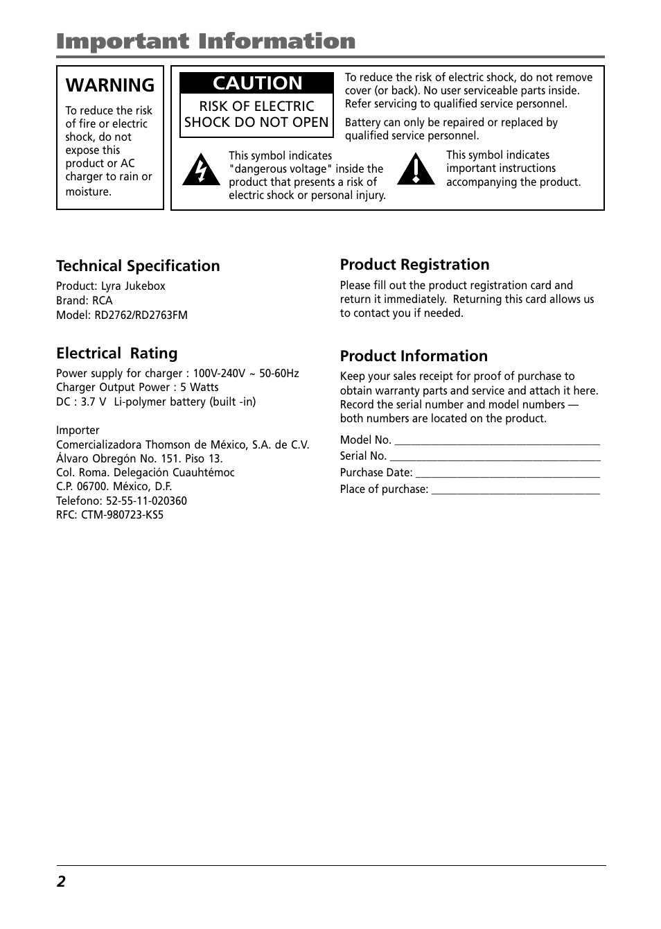 Important information, Technical specification, Electrical rating | Warning, Product registration, Product information, Caution | RCA Lyra RD2763FM User Manual | Page 2 / 62