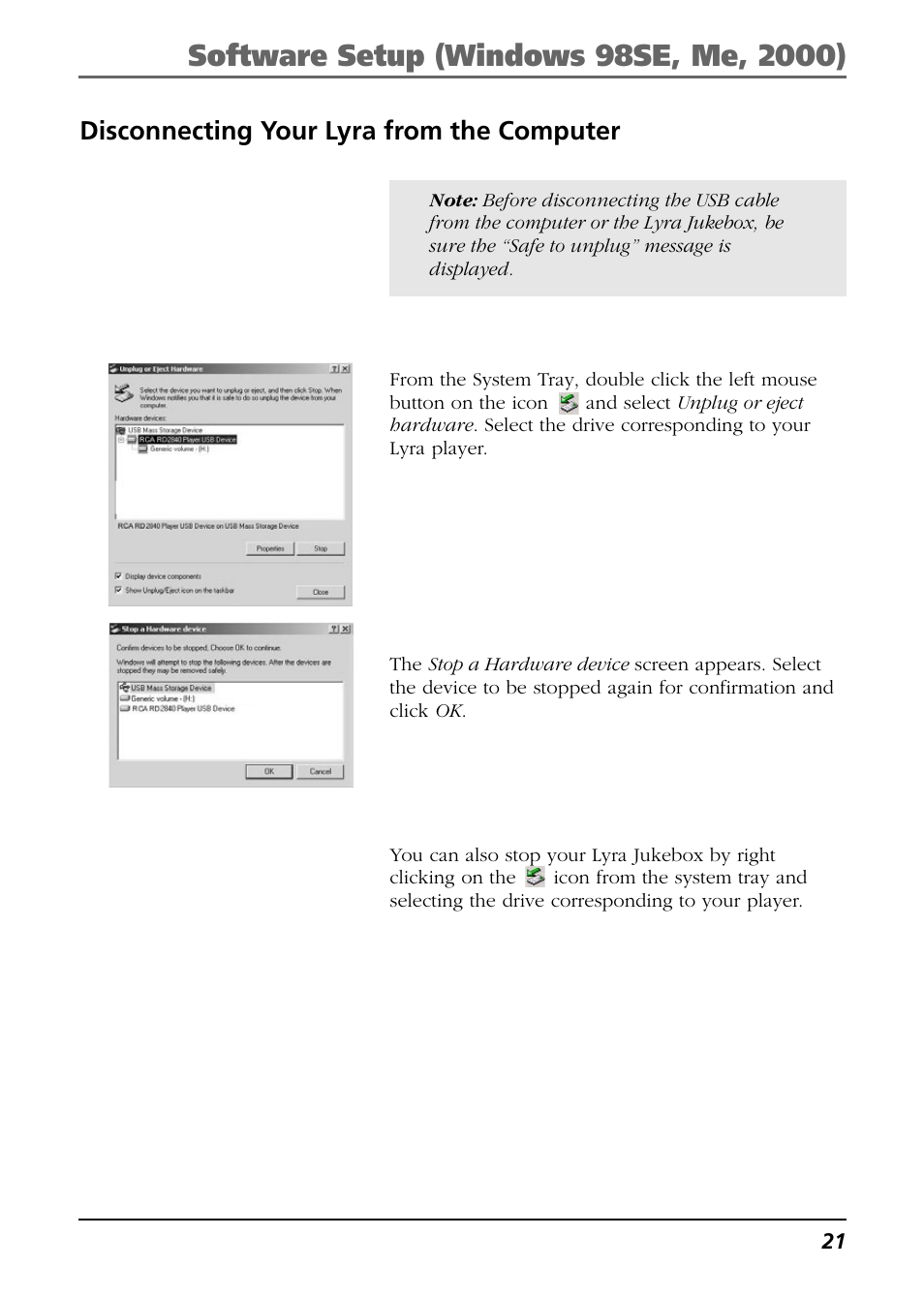 Disconnecting your lyra from the computer | RCA Lyra RD2763FM User Manual | Page 21 / 62