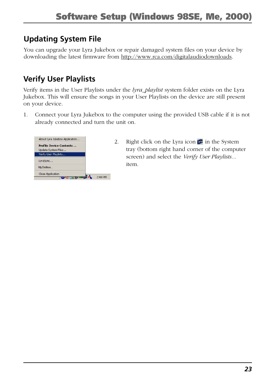 Verify user playlists, Updating system file | RCA Lyra RD2763FM User Manual | Page 23 / 62