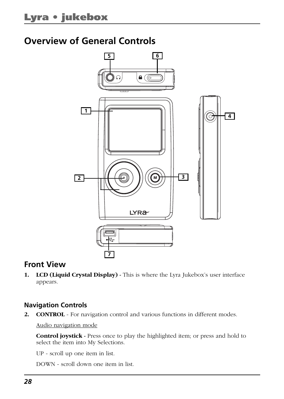 Overview of general controls, Front view, Navigation controls | Lyra • jukebox overview of general controls | RCA Lyra RD2763FM User Manual | Page 28 / 62