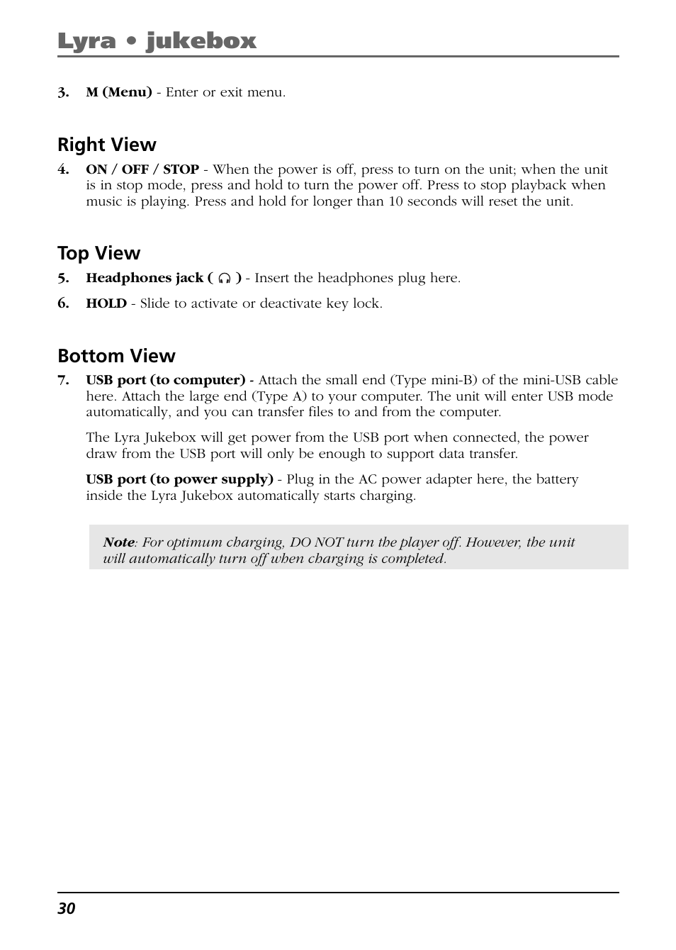 Right view, Top view, Bottom view | Lyra • jukebox | RCA Lyra RD2763FM User Manual | Page 30 / 62