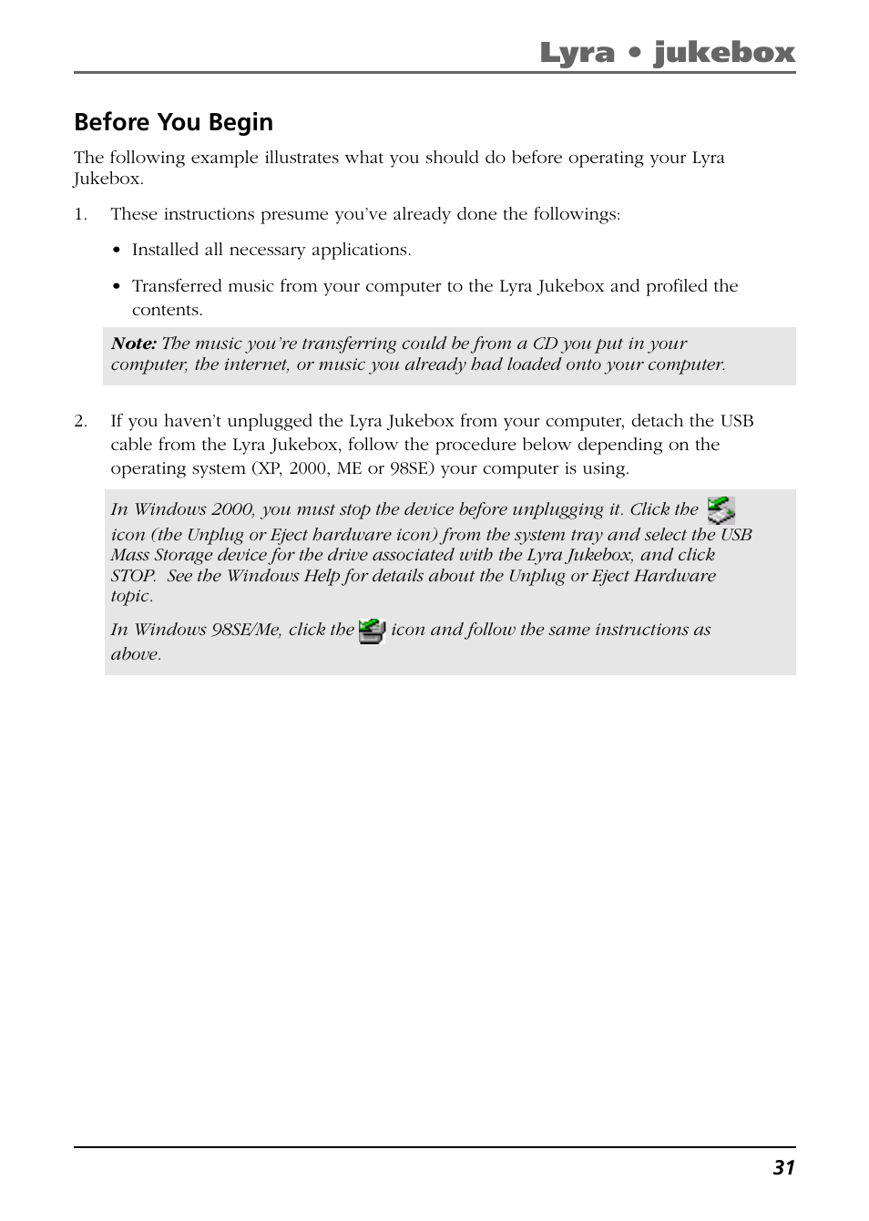 Before you begin, Lyra • jukebox | RCA Lyra RD2763FM User Manual | Page 31 / 62