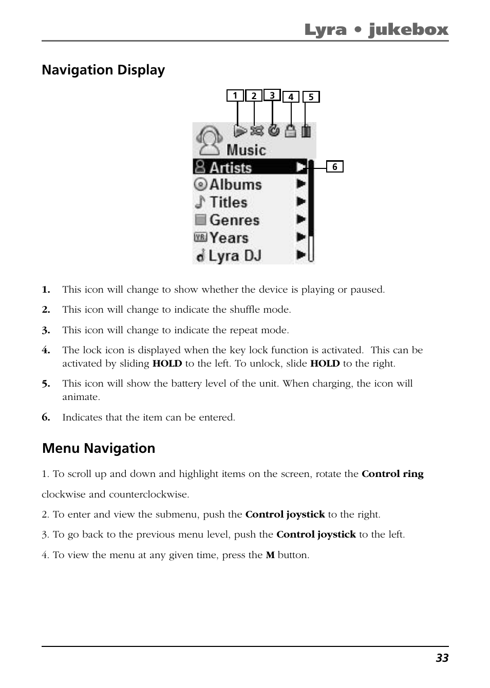 Navigation display, Menu navigation, Lyra • jukebox | RCA Lyra RD2763FM User Manual | Page 33 / 62