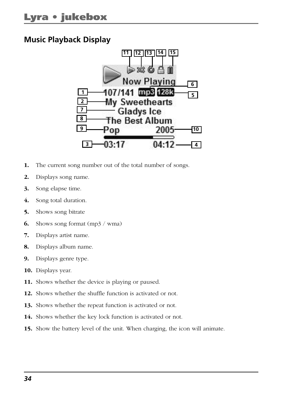 Music playback display, Lyra • jukebox | RCA Lyra RD2763FM User Manual | Page 34 / 62