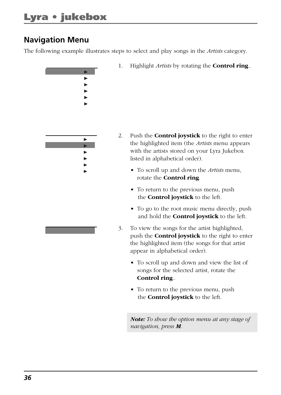 Navigation menu, Lyra • jukebox | RCA Lyra RD2763FM User Manual | Page 36 / 62