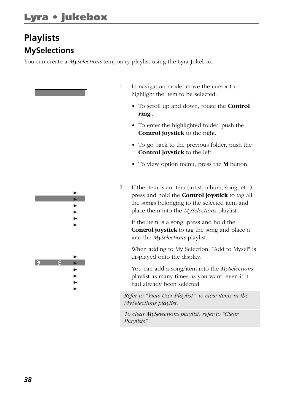 Playlists, Myselections, Lyra • jukebox | RCA Lyra RD2763FM User Manual | Page 38 / 62