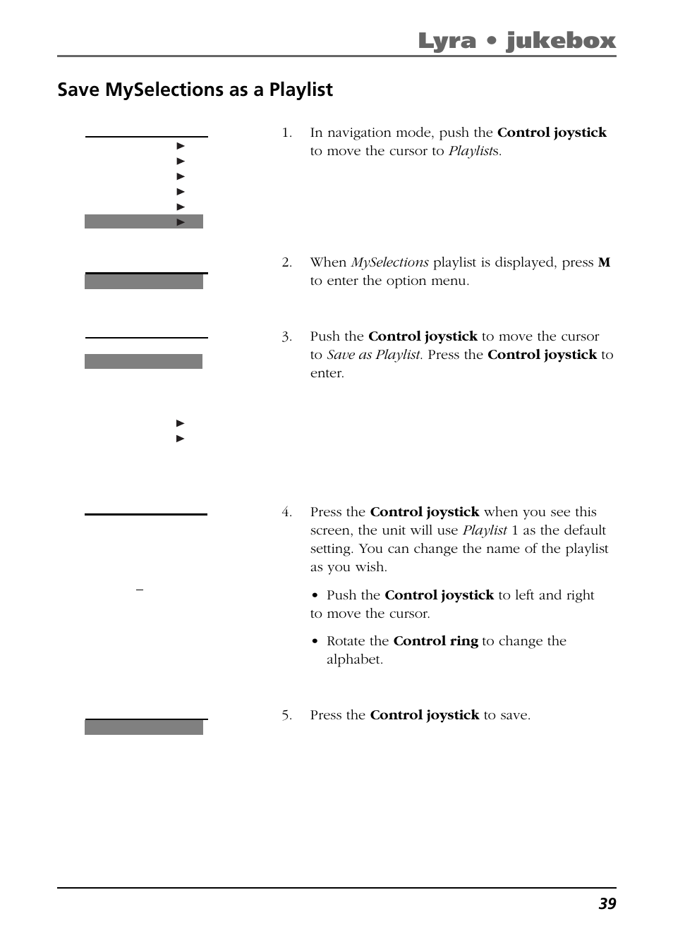 Save myselections as a playlist, Lyra • jukebox | RCA Lyra RD2763FM User Manual | Page 39 / 62