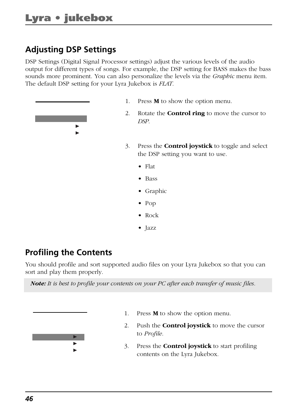 Adjusting dsp settings, Profiling the contents, Lyra • jukebox | RCA Lyra RD2763FM User Manual | Page 46 / 62