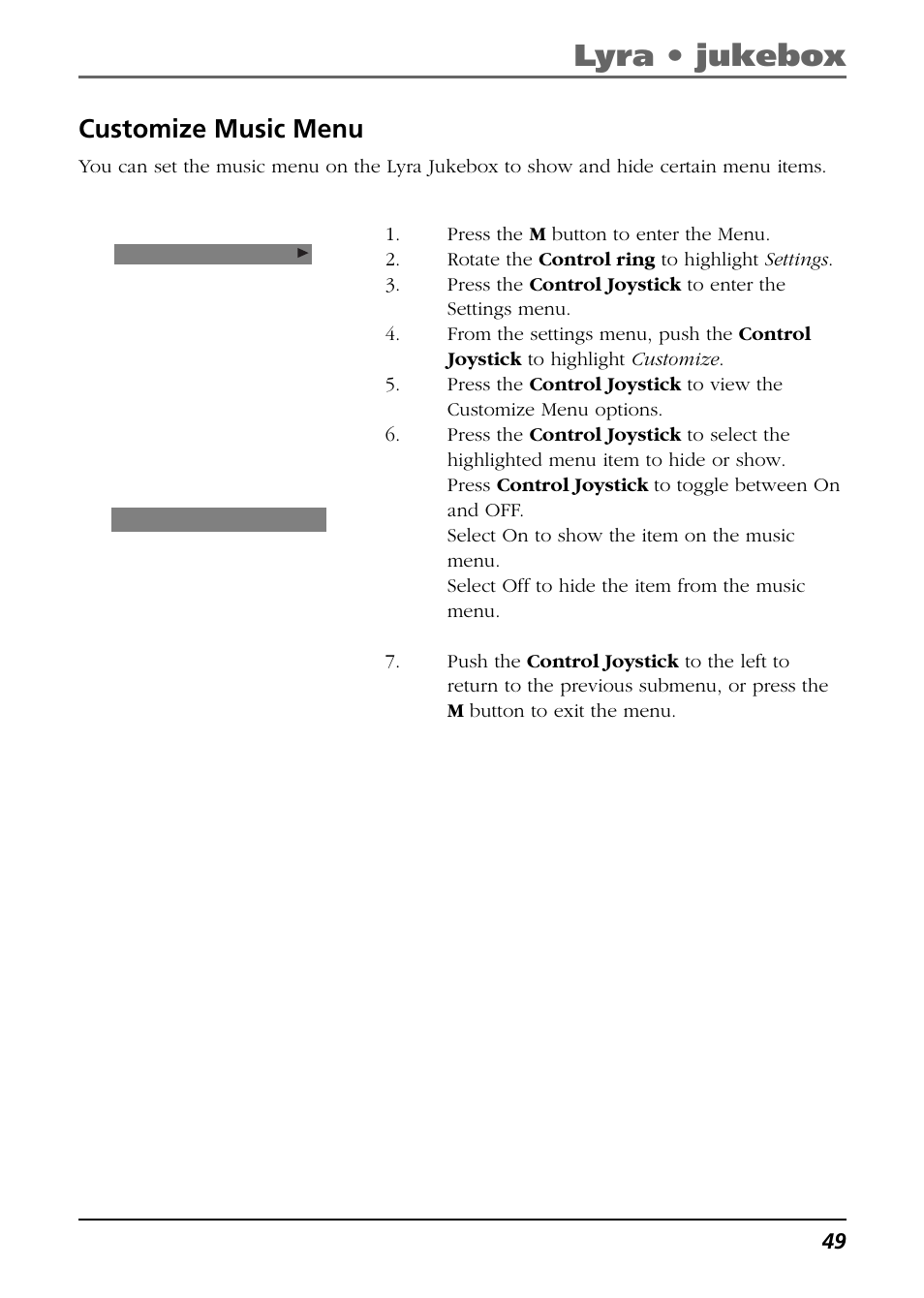 Customize music menu, Lyra • jukebox | RCA Lyra RD2763FM User Manual | Page 49 / 62