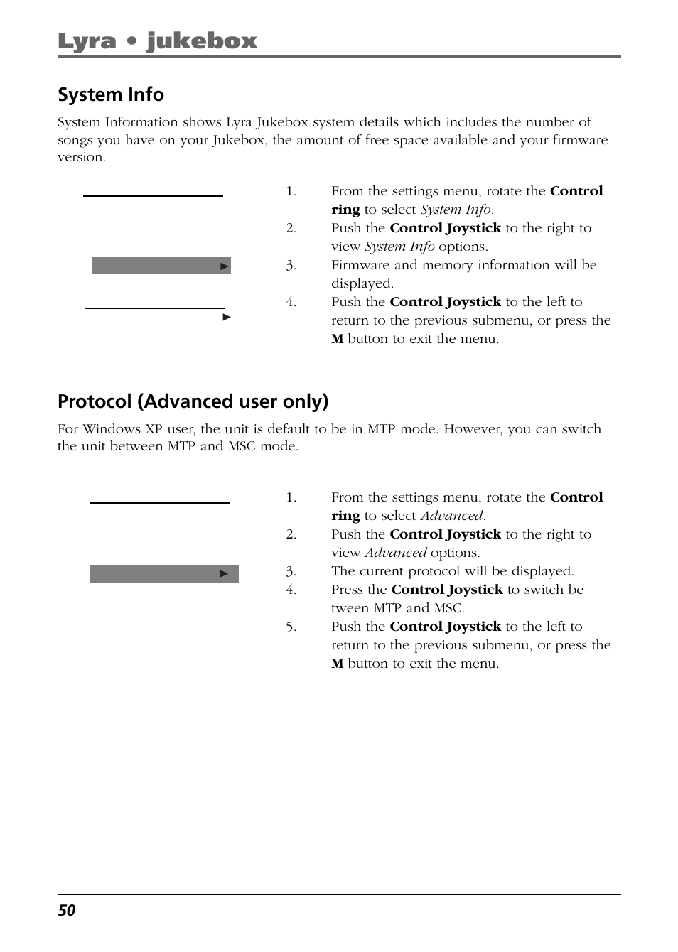 System info, Protocol (advanced user only), Lyra • jukebox | RCA Lyra RD2763FM User Manual | Page 50 / 62