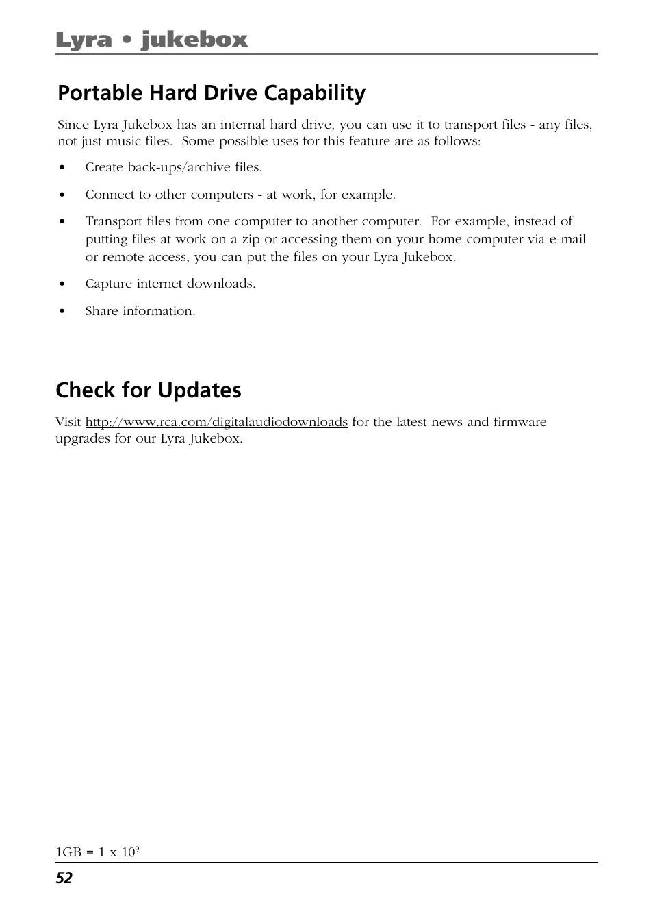 Check for updates, Portable hard drive capability, Lyra • jukebox portable hard drive capability | RCA Lyra RD2763FM User Manual | Page 52 / 62