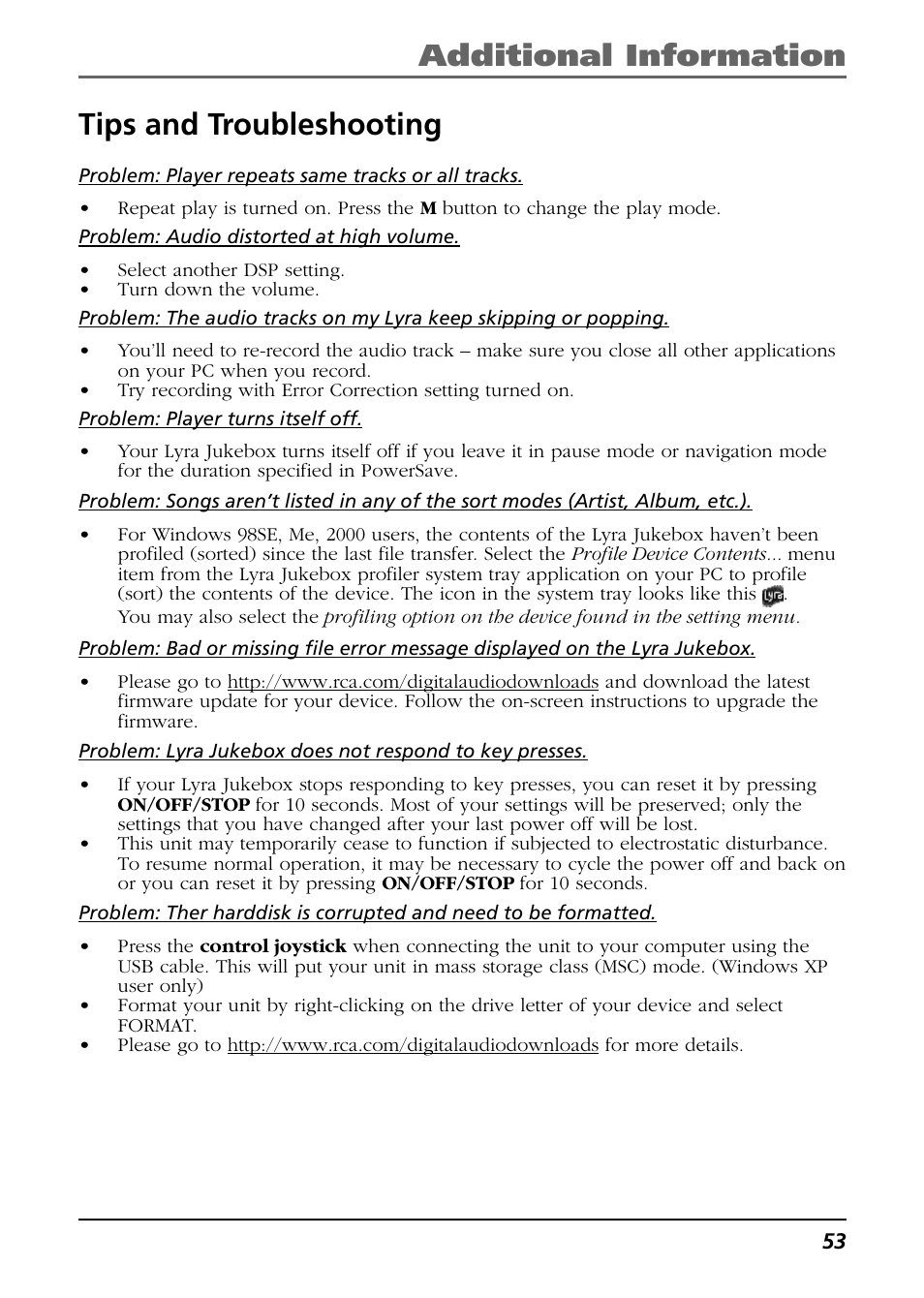 Tips and troubleshooting, Additional information tips and troubleshooting | RCA Lyra RD2763FM User Manual | Page 53 / 62