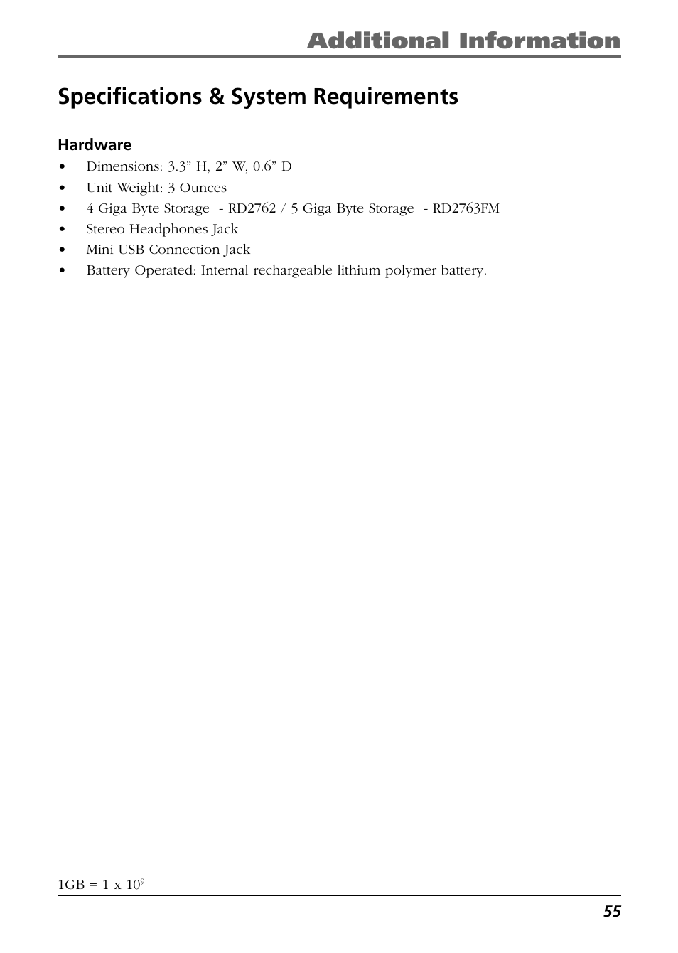 Specifications & system requirements, Hardware | RCA Lyra RD2763FM User Manual | Page 55 / 62