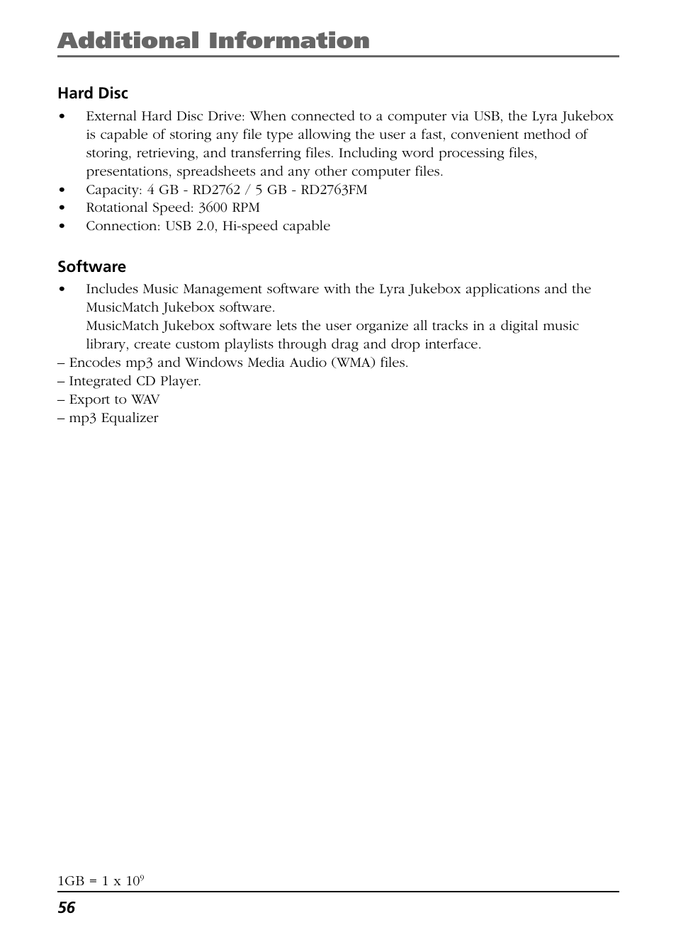 Hard disc, Software, Additional information | RCA Lyra RD2763FM User Manual | Page 56 / 62