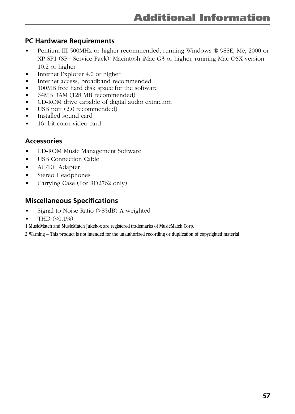 Pc hardware requirements, Accessories, Miscellaneous specifications | Additional information | RCA Lyra RD2763FM User Manual | Page 57 / 62