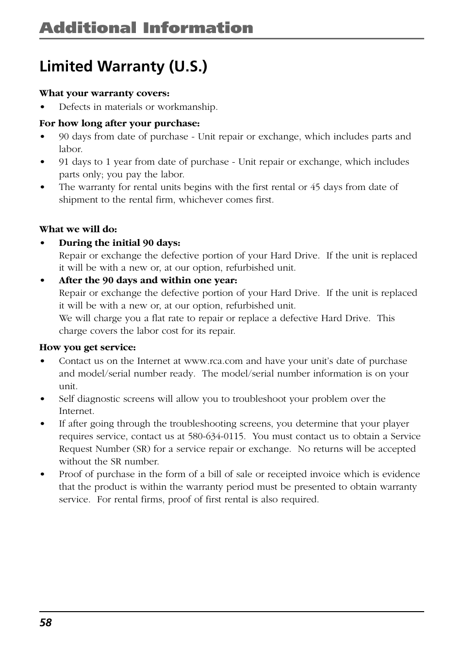 Limited warranty (u.s.), Additional information limited warranty (u.s.) | RCA Lyra RD2763FM User Manual | Page 58 / 62