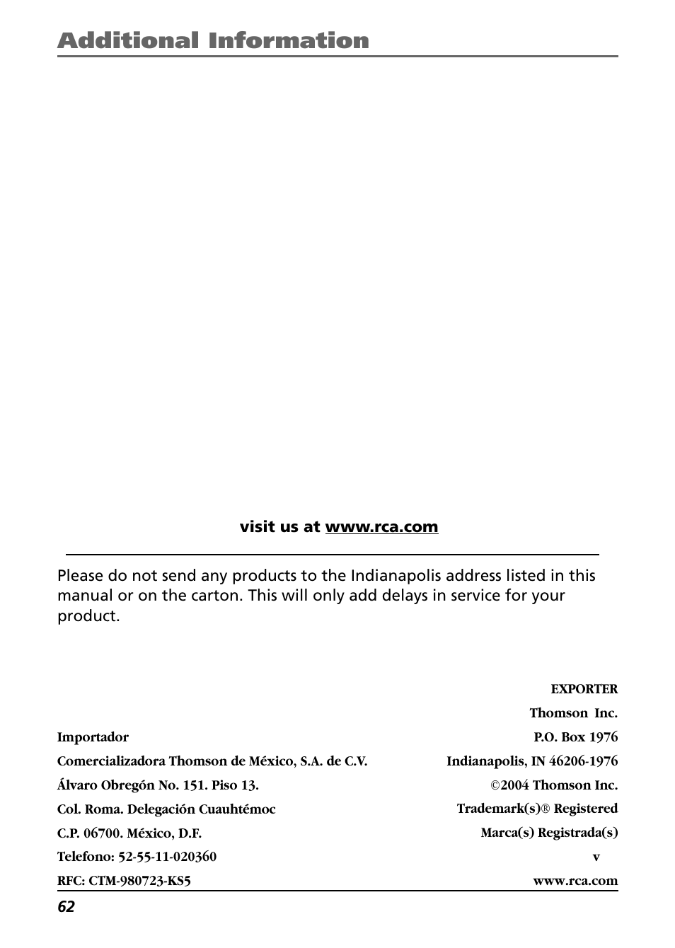 Additional information | RCA Lyra RD2763FM User Manual | Page 62 / 62