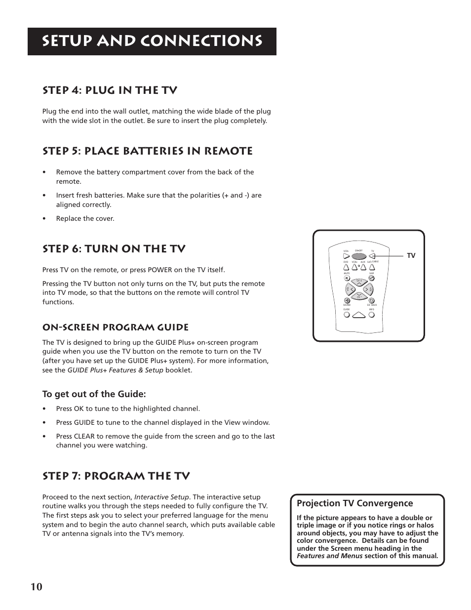 Setup and connections, Step 4: plug in the tv, Step 5: place batteries in remote | Step 6: turn on the tv, Step 7: program the tv, Projection tv convergence, On-screen program guide | RCA P46920BL  EN User Manual | Page 10 / 48