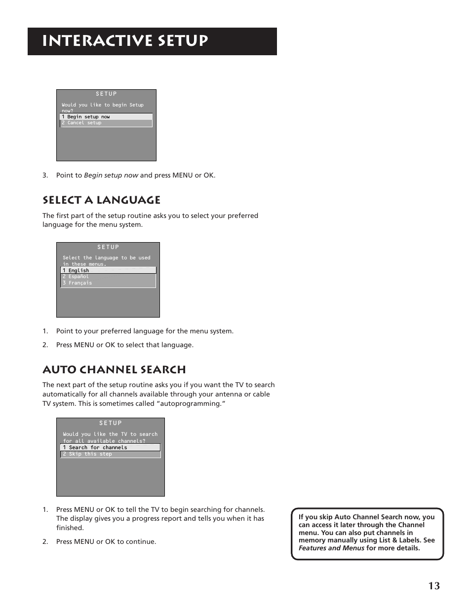 Interactive setup, Select a language, Auto channel search | RCA P46920BL  EN User Manual | Page 13 / 48