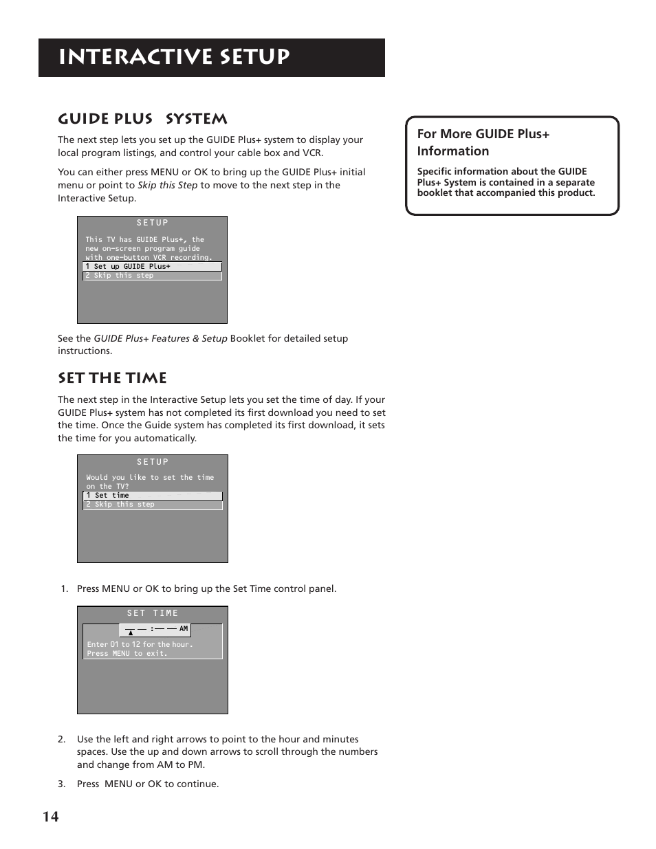 Interactive setup, Guide plus + system, Set the time | RCA P46920BL  EN User Manual | Page 14 / 48