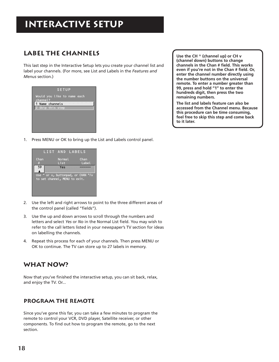 Interactive setup, Label the channels, What now | Program the remote | RCA P46920BL  EN User Manual | Page 18 / 48