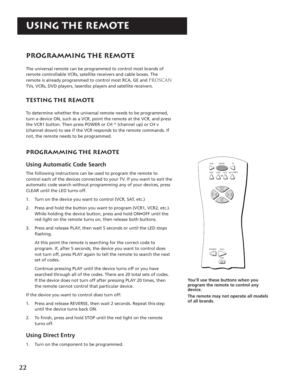 Using the remote, Programming the remote, Testing the remote | Programming the remote using automatic code search, Using direct entry | RCA P46920BL  EN User Manual | Page 22 / 48
