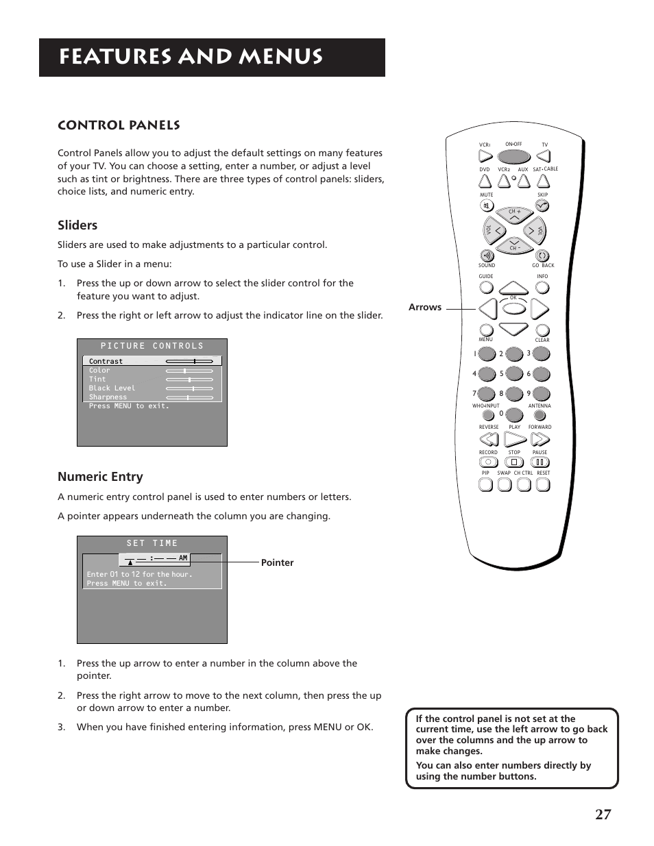 Features and menus, Control panels, Sliders | Numeric entry | RCA P46920BL  EN User Manual | Page 27 / 48