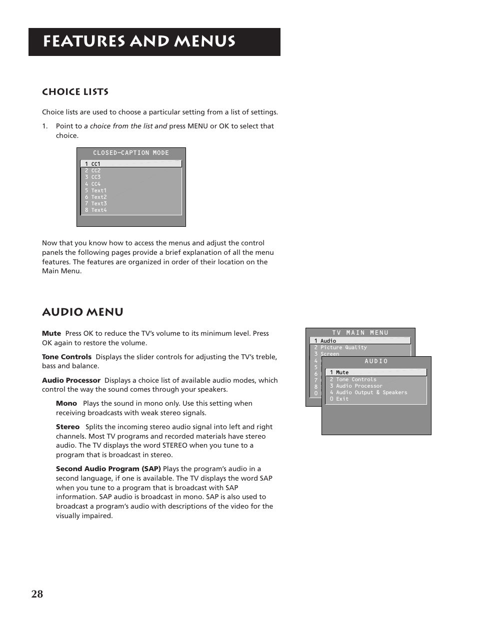 Features and menus, Audio menu | RCA P46920BL  EN User Manual | Page 28 / 48