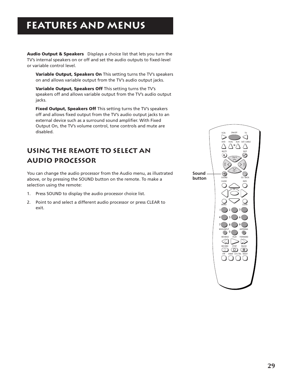 Features and menus, Using the remote to select an audio processor, Sound button | RCA P46920BL  EN User Manual | Page 29 / 48