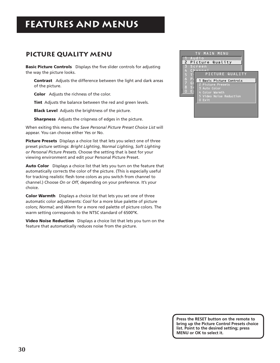 Features and menus, Picture quality menu | RCA P46920BL  EN User Manual | Page 30 / 48