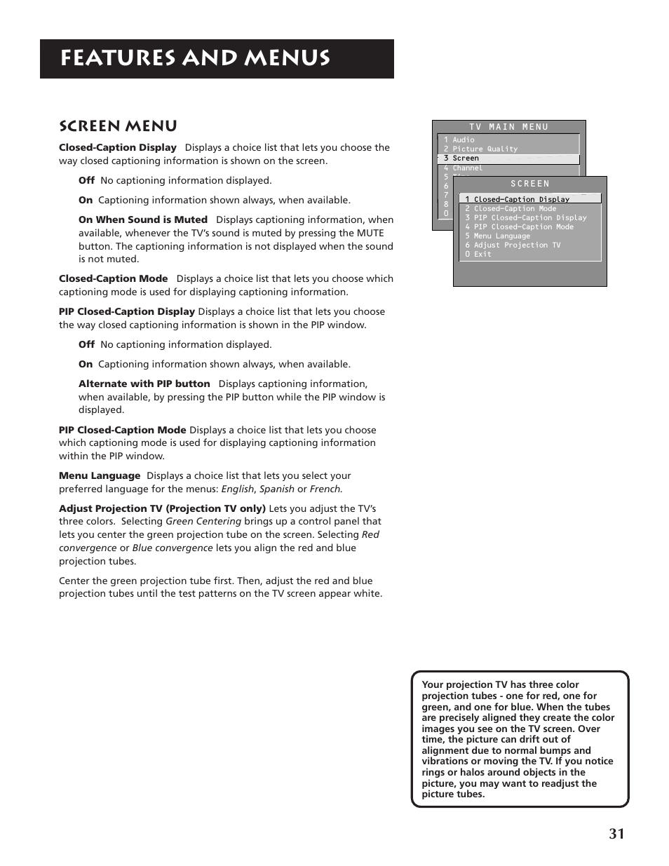 Features and menus, Screen menu | RCA P46920BL  EN User Manual | Page 31 / 48