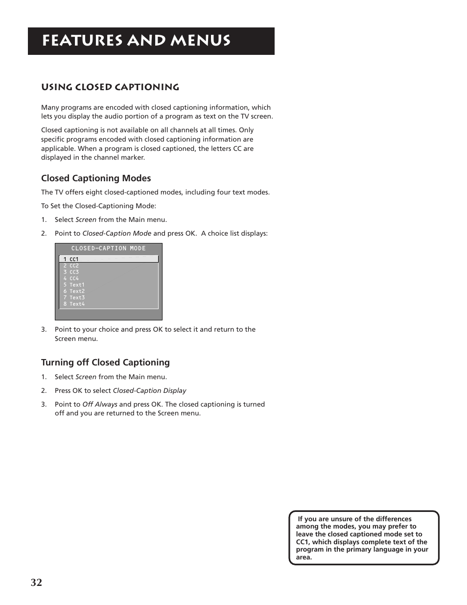 Features and menus | RCA P46920BL  EN User Manual | Page 32 / 48