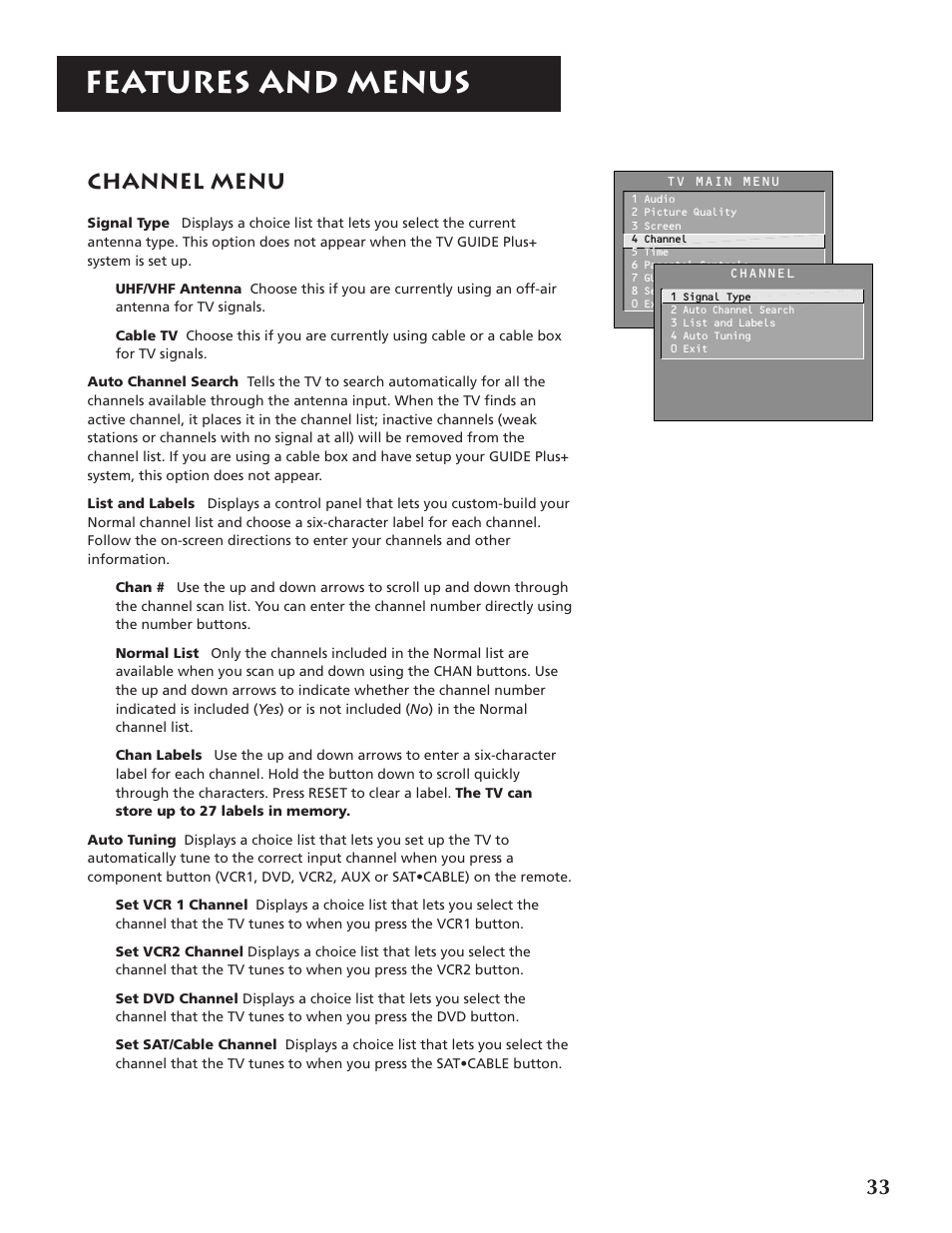 Features and menus, Channel menu | RCA P46920BL  EN User Manual | Page 33 / 48