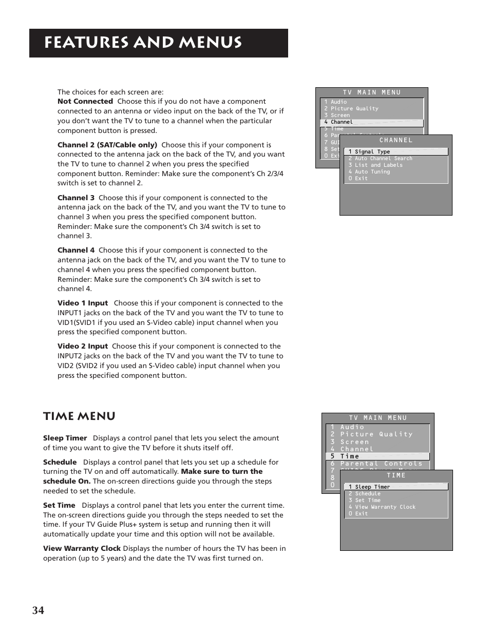 Features and menus, Time menu | RCA P46920BL  EN User Manual | Page 34 / 48