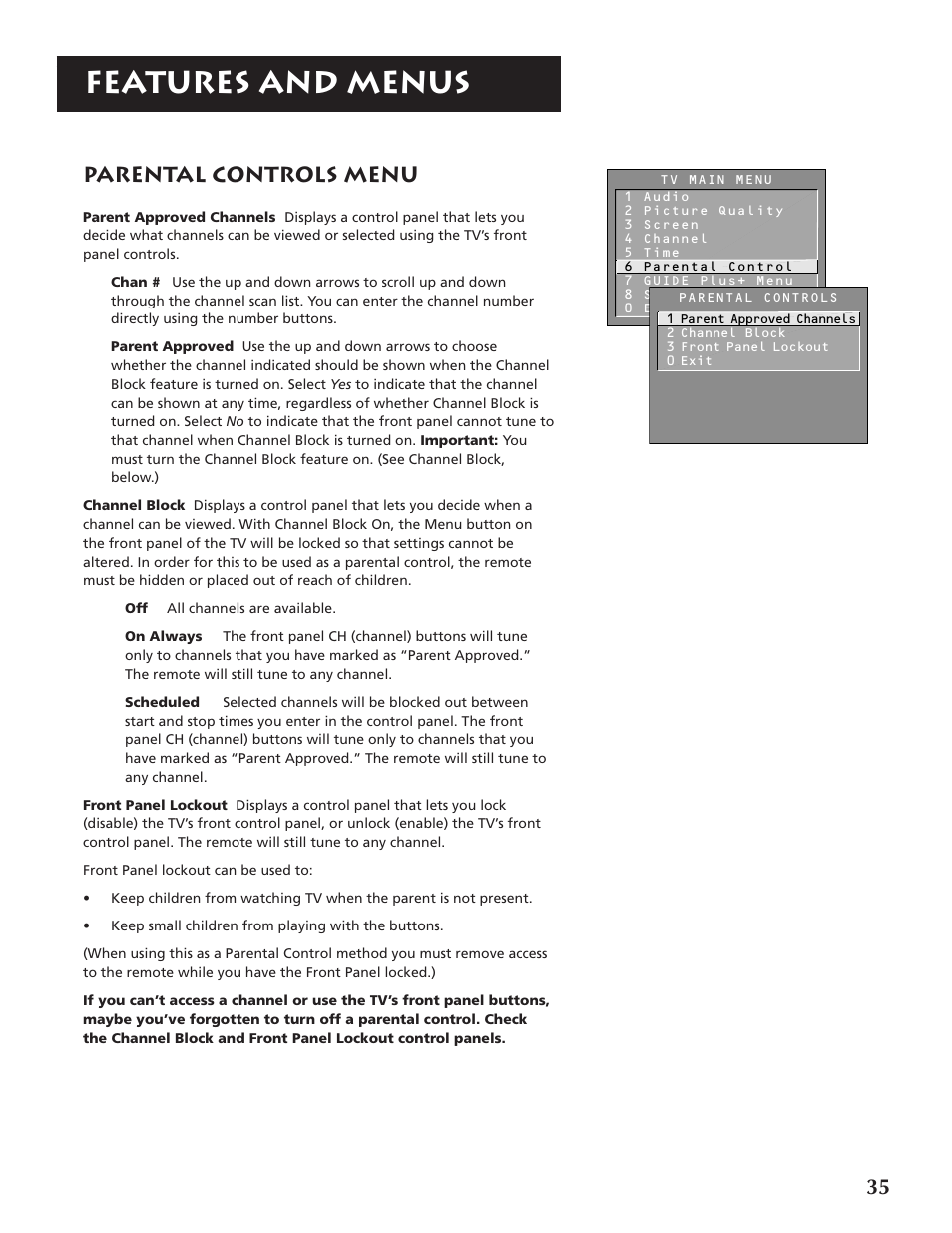 Features and menus, Parental controls menu | RCA P46920BL  EN User Manual | Page 35 / 48