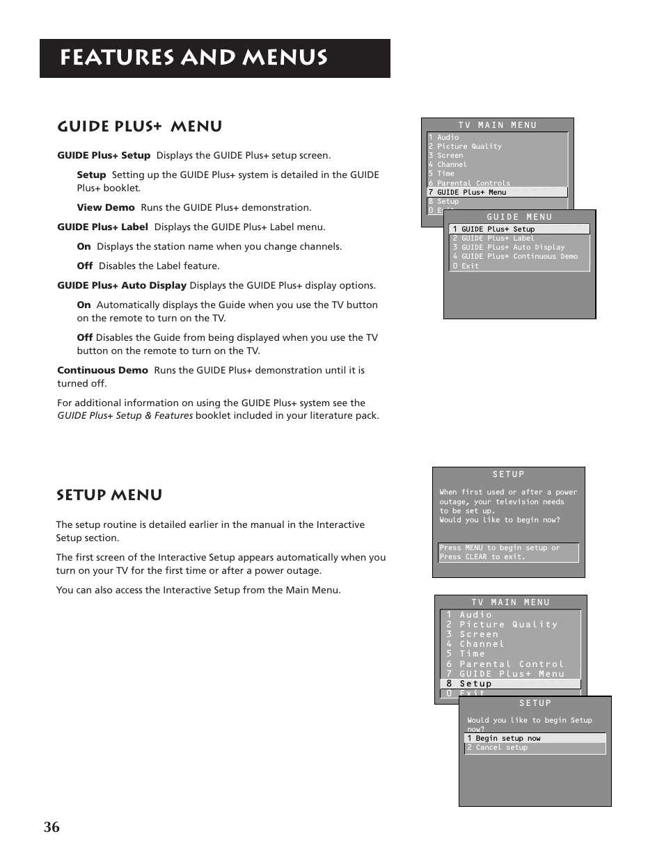 Features and menus, Setup menu, Guide plus ++ menu | RCA P46920BL  EN User Manual | Page 36 / 48