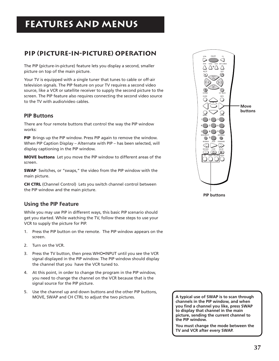 Features and menus, Pip (picture-in-picture) operation, Pip buttons | Using the pip feature, Move buttons | RCA P46920BL  EN User Manual | Page 37 / 48