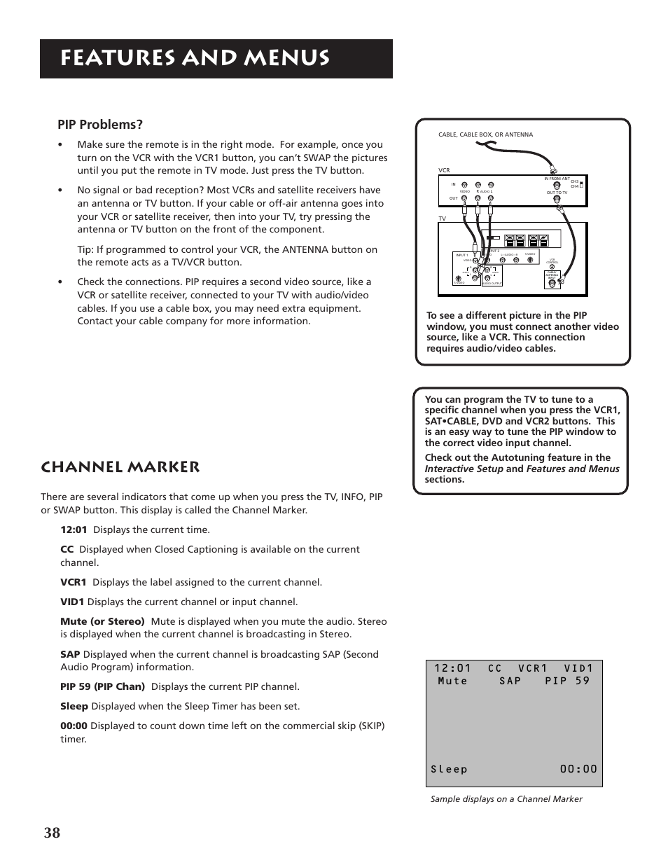 Features and menus, Channel marker, Pip problems | Sample displays on a channel marker | RCA P46920BL  EN User Manual | Page 38 / 48