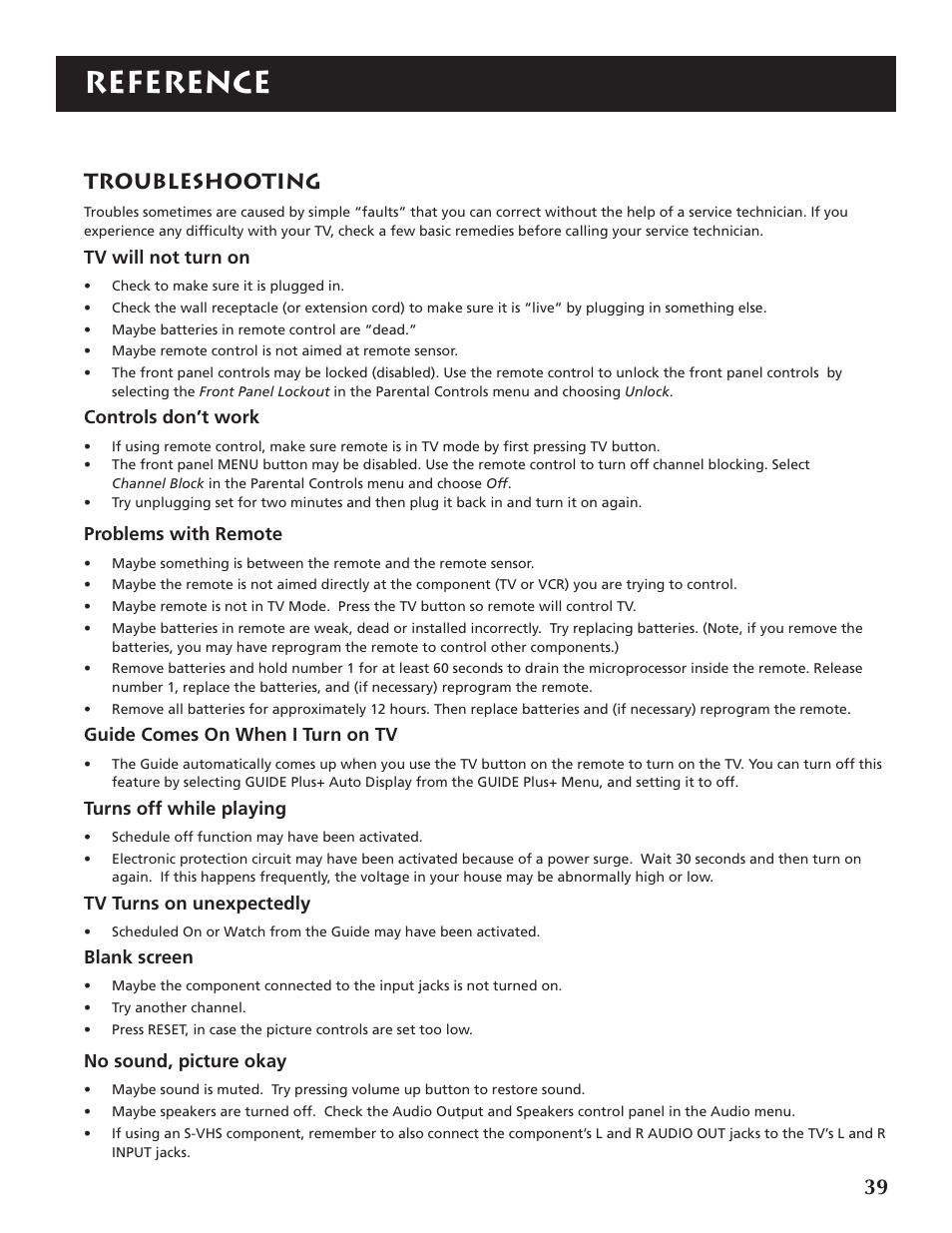 Reference, Troubleshooting | RCA P46920BL  EN User Manual | Page 39 / 48